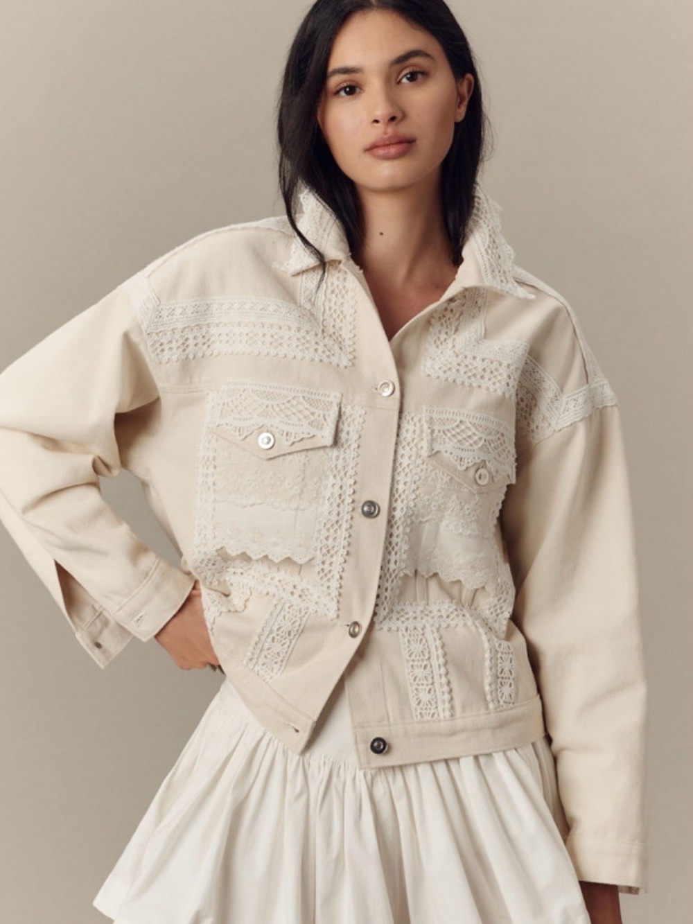 Anthropologie Cream Denim Lace Trucker Jacket 1X